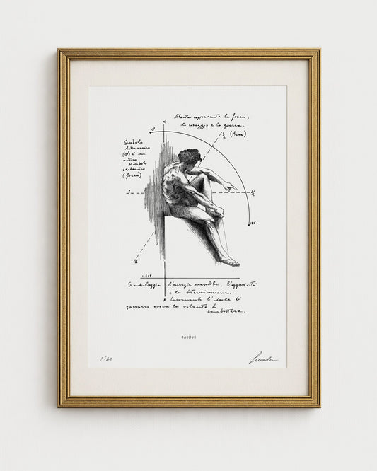 Edizione standard della stampa fine art "Cronos" su carta bianca naturale. Illustrazione a china del dio del tempo della mitologia classica, con annotazioni e diagrammi geometrici. Incorniciata in oro, firmata e numerata 1/20 da Lorenzo Caia.