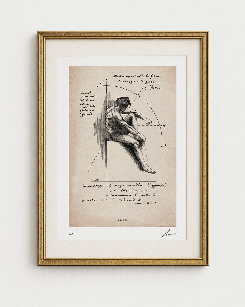 Stampa fine art "Cronos" in edizione limitata "Fondo d'Archivio" su carta cotone avoriata per un effetto antico. L'opera mitologica è incorniciata in oro, con passepartout, e numerata 1/20 con firma autografa.