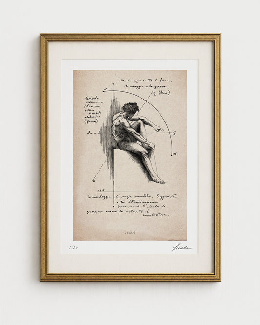 Stampa fine art "Cronos" in edizione limitata "Fondo d'Archivio" su carta cotone avoriata per un effetto antico. L'opera mitologica è incorniciata in oro, con passepartout, e numerata 1/20 con firma autografa.