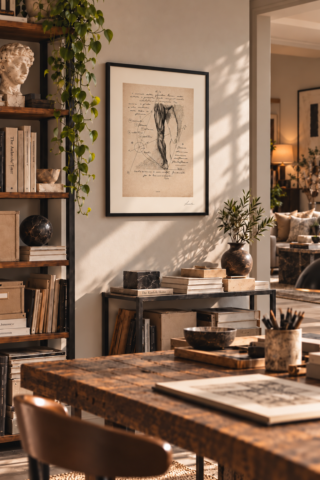 Crus con fondo avoriato in uno studio contemporaneo, esposta in cornice nera tra librerie, piante e arredi in legno.