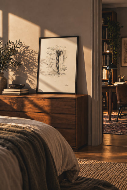 Stampa anatomica della gamba Crus appoggiata su una cassettiera in legno, in una camera da letto illuminata dal sole.
