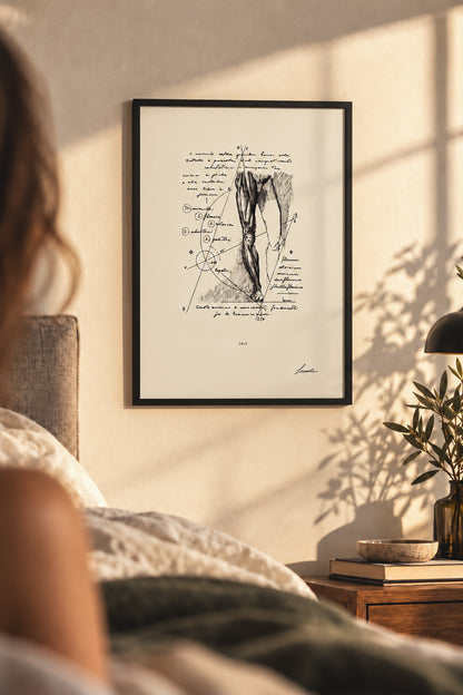 Stampa anatomica Crus in cornice nera appesa in una camera da letto luminosa, con una persona in primo piano.