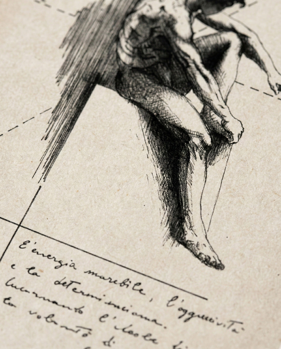 Zoom macro sulla texture della carta cotone museale e sul dettaglio del tratteggio a china dell'opera "Cronos". Si nota la precisione della stampa Giclée e la matericità del supporto.