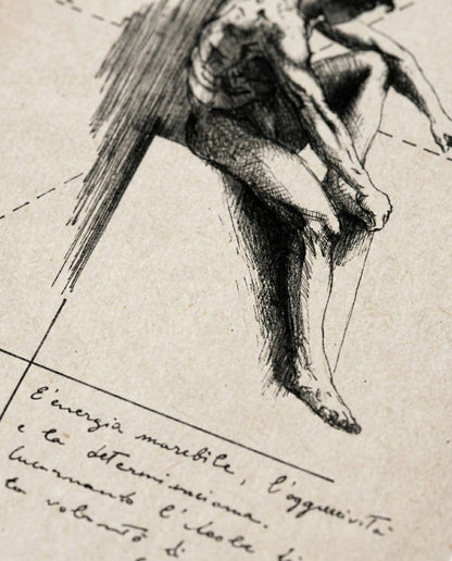 Zoom macro sulla texture della carta cotone museale e sul dettaglio del tratteggio a china dell'opera "Cronos". Si nota la precisione della stampa Giclée e la matericità del supporto.