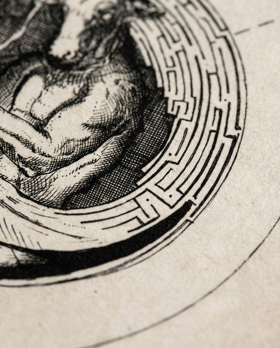Zoom macro sulla texture della carta cotone museale e sul dettaglio del tratteggio a china del labirinto e del Minotauro dell'opera "Studium Minotauri". Si nota la precisione della stampa Giclée.