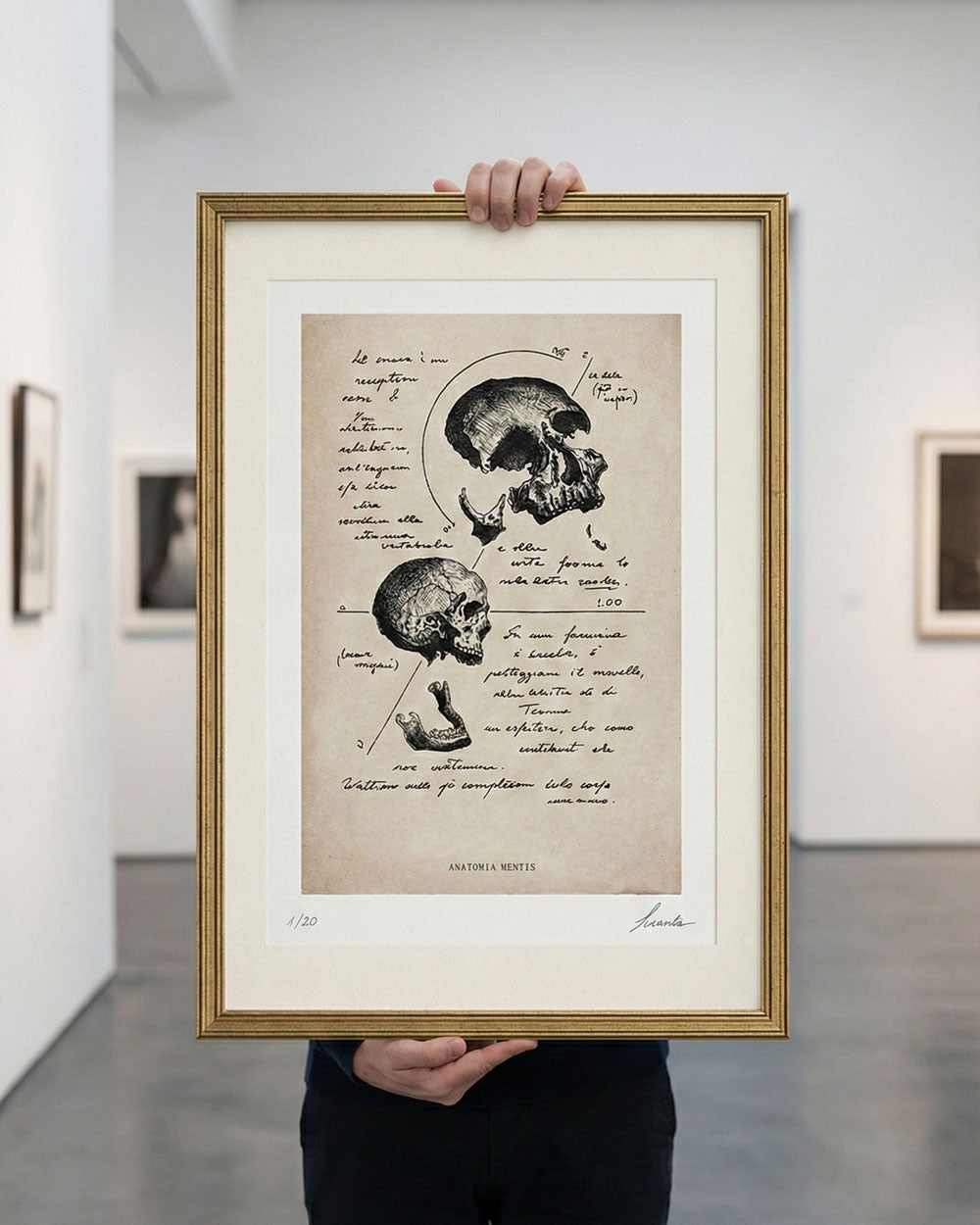 Persona che regge tra le mani l'opera "Anatomia Mentis" in formato A3 con cornice dorata. Riferimento visivo per le dimensioni reali della stampa appesa a parete.