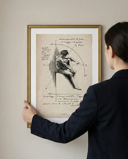 Persona che regge tra le mani l'opera "Cronos" in formato A3 con cornice dorata. Riferimento visivo per le dimensioni reali della stampa mitologica appesa a parete.