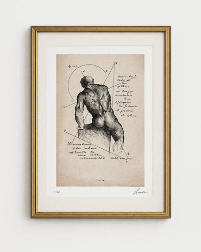 Opera d'arte "Dorsum" di Lorenzo Caia su carta effetto pergamena, studio anatomico artistico con geometria e testi scritti a mano.