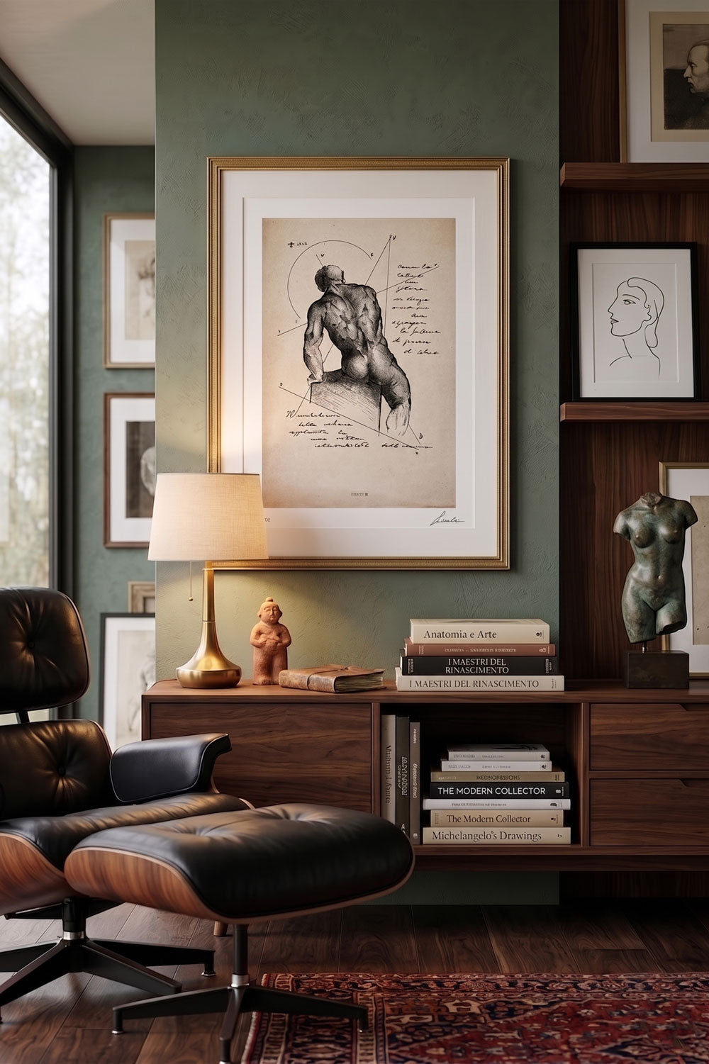 Framed print Dorsum in a mid-century modern living room with lounge chair - fine art wall art | Lorenzo Caia