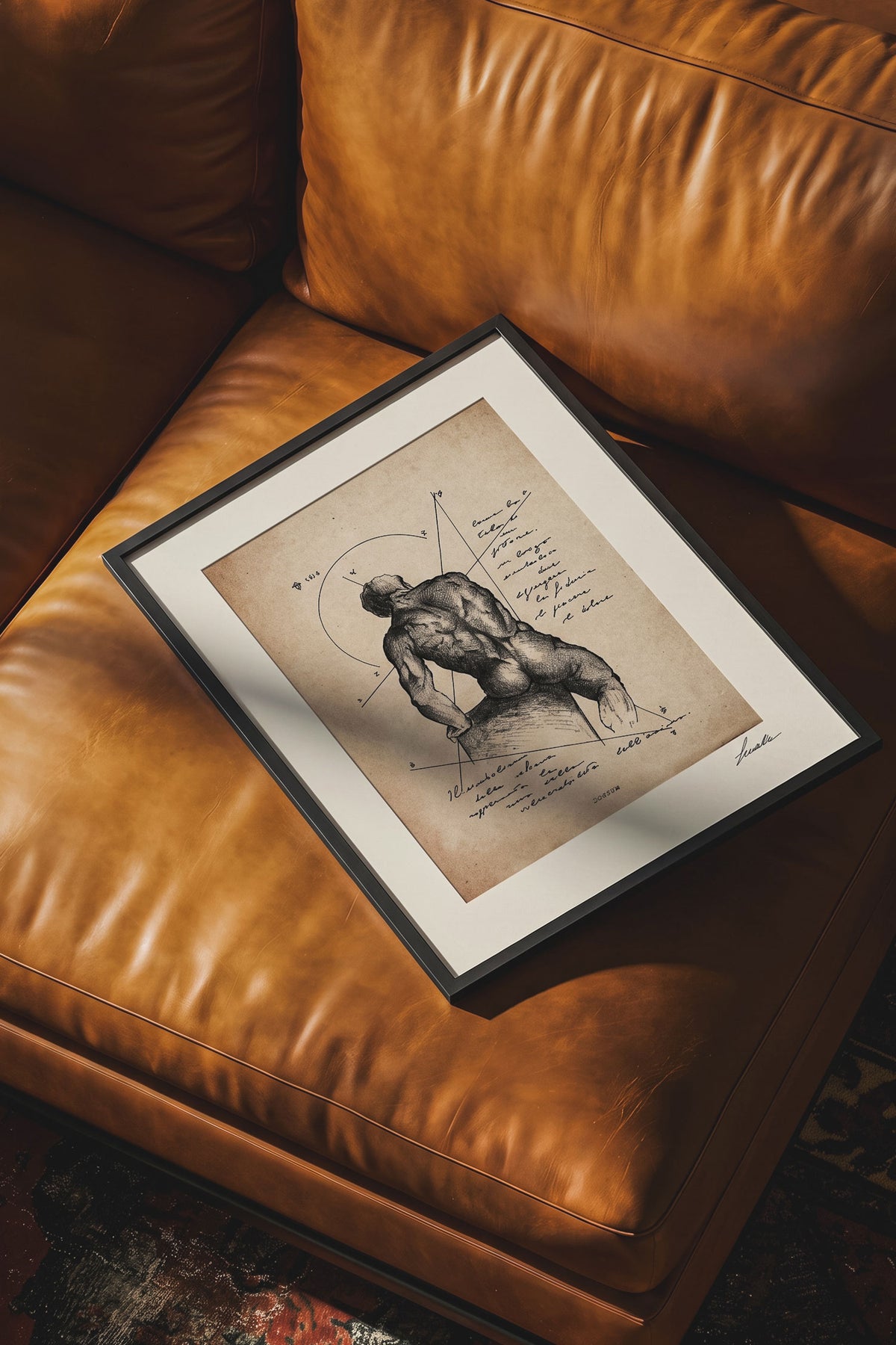 Framed print Dorsum resting on a brown leather armchair - fine art wall art | Lorenzo Caia