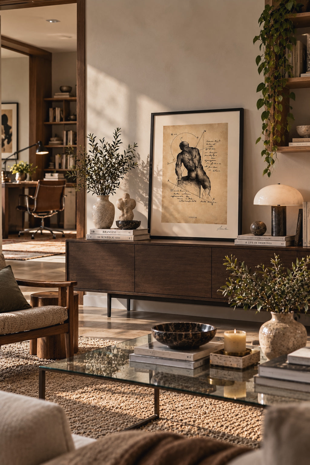 Dorsum anatomical ink print with an ivory-toned background resting in a black frame on a wooden sideboard in a warm living room.