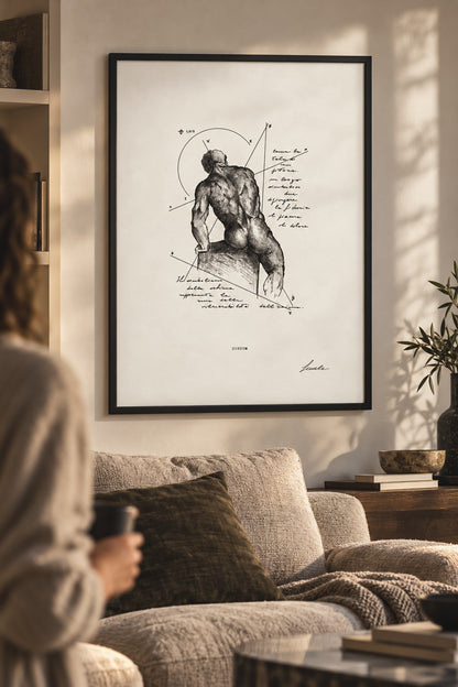 Close view of Dorsum anatomical ink art in a black frame above a sofa, with soft afternoon light and a person in the foreground.