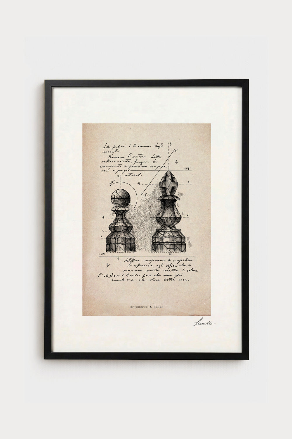 Ink illustration Episcopus & Pedes on ivory background - archival fine art print, chess piece diagram | Lorenzo Caia