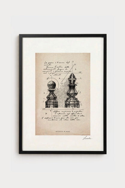 Ink illustration Episcopus & Pedes on ivory background - archival fine art print, chess piece diagram | Lorenzo Caia