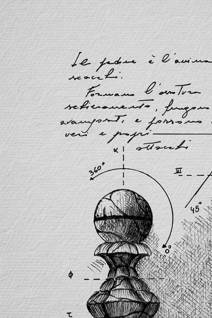 Ink detail Episcopus & Pedes - fine line work of the chess pawn piece on white paper | Lorenzo Caia