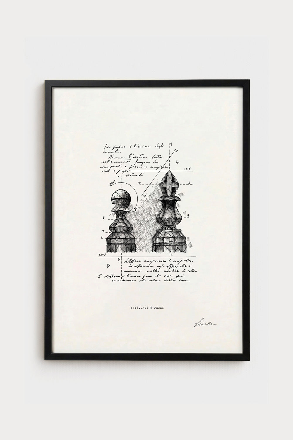 Ink illustration Episcopus & Pedes - fine art print on white background, chess pieces and geometry | Lorenzo Caia
