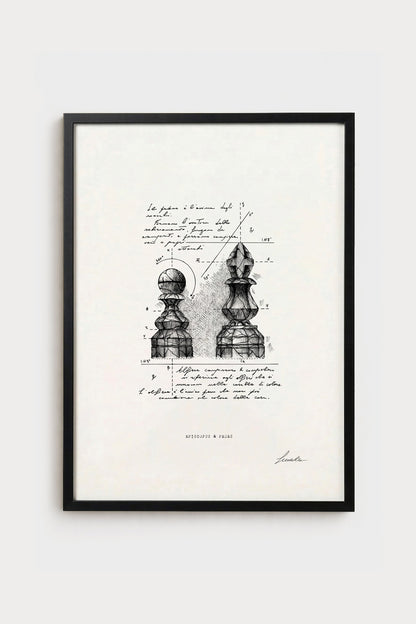 Ink illustration Episcopus & Pedes - fine art print on white background, chess pieces and geometry | Lorenzo Caia