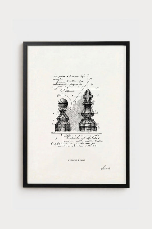 Ink illustration Episcopus & Pedes - fine art print on white background, chess pieces and geometry | Lorenzo Caia
