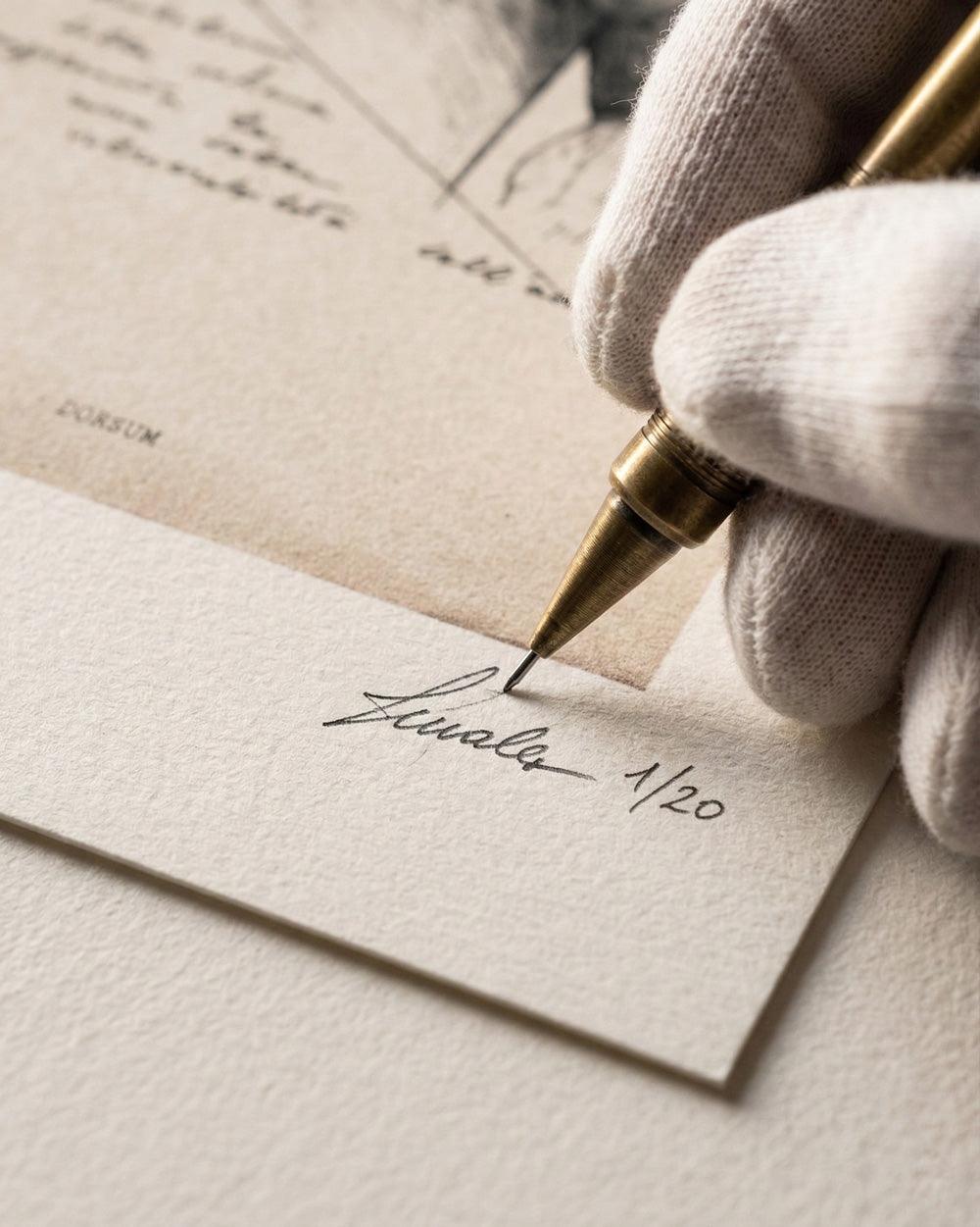 Primo piano della firma autografa dell'artista Lorenzo Caia e numerazione 1/20 su una stampa d'arte originale in edizione limitata.