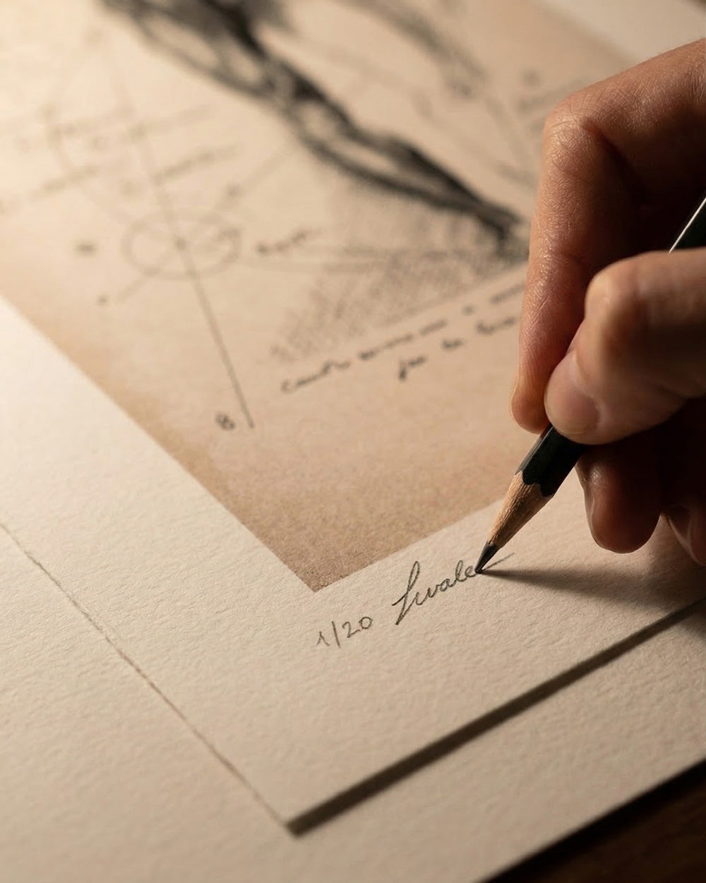 Primo piano della firma a mano di Lorenzo Caia e della numerazione 1 di 20 su una stampa d'arte originale.