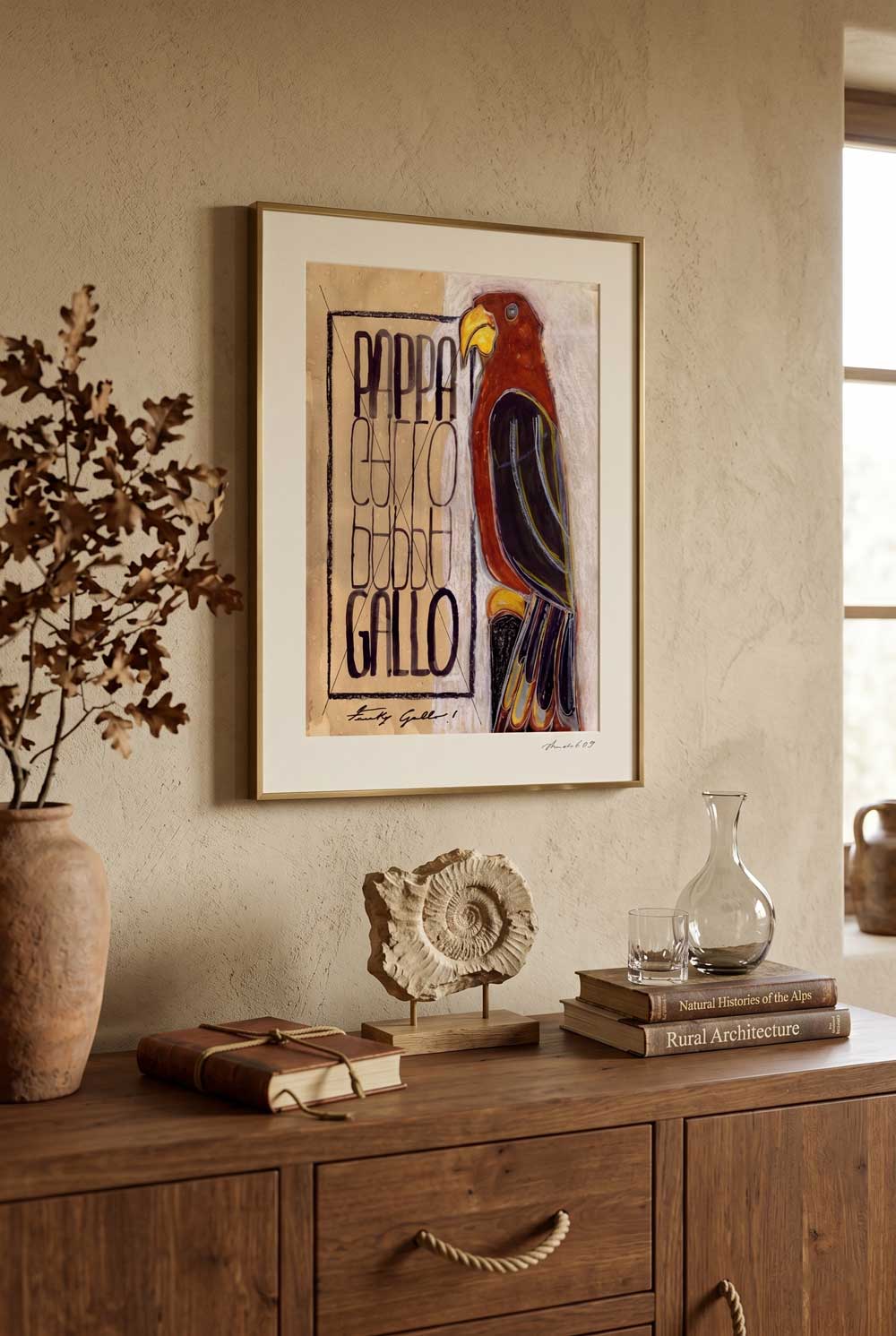 Framed print Funky Gallo on a wooden sideboard in a living room - fine art wall art | Lorenzo Caia