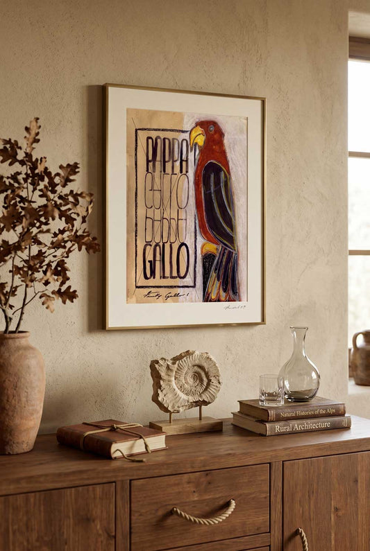 Framed print Funky Gallo on a wooden sideboard in a living room - fine art wall art | Lorenzo Caia