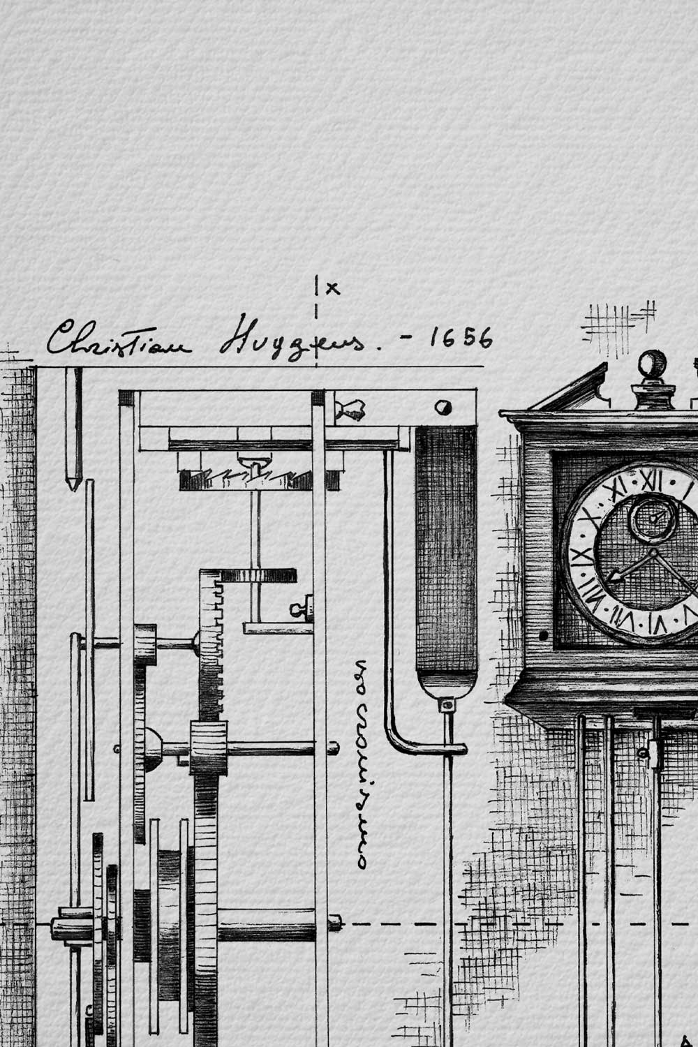 Ink detail Horologium Huygens - line work precision, illustration on white paper | Lorenzo Caia