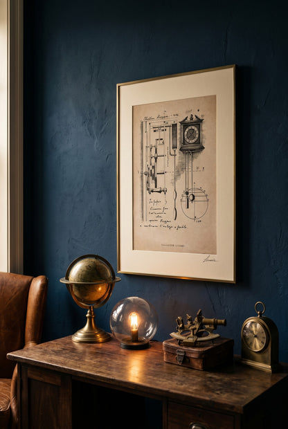 Framed Horologium Huygens print in a home office studio - fine art wall art | Lorenzo Caia
