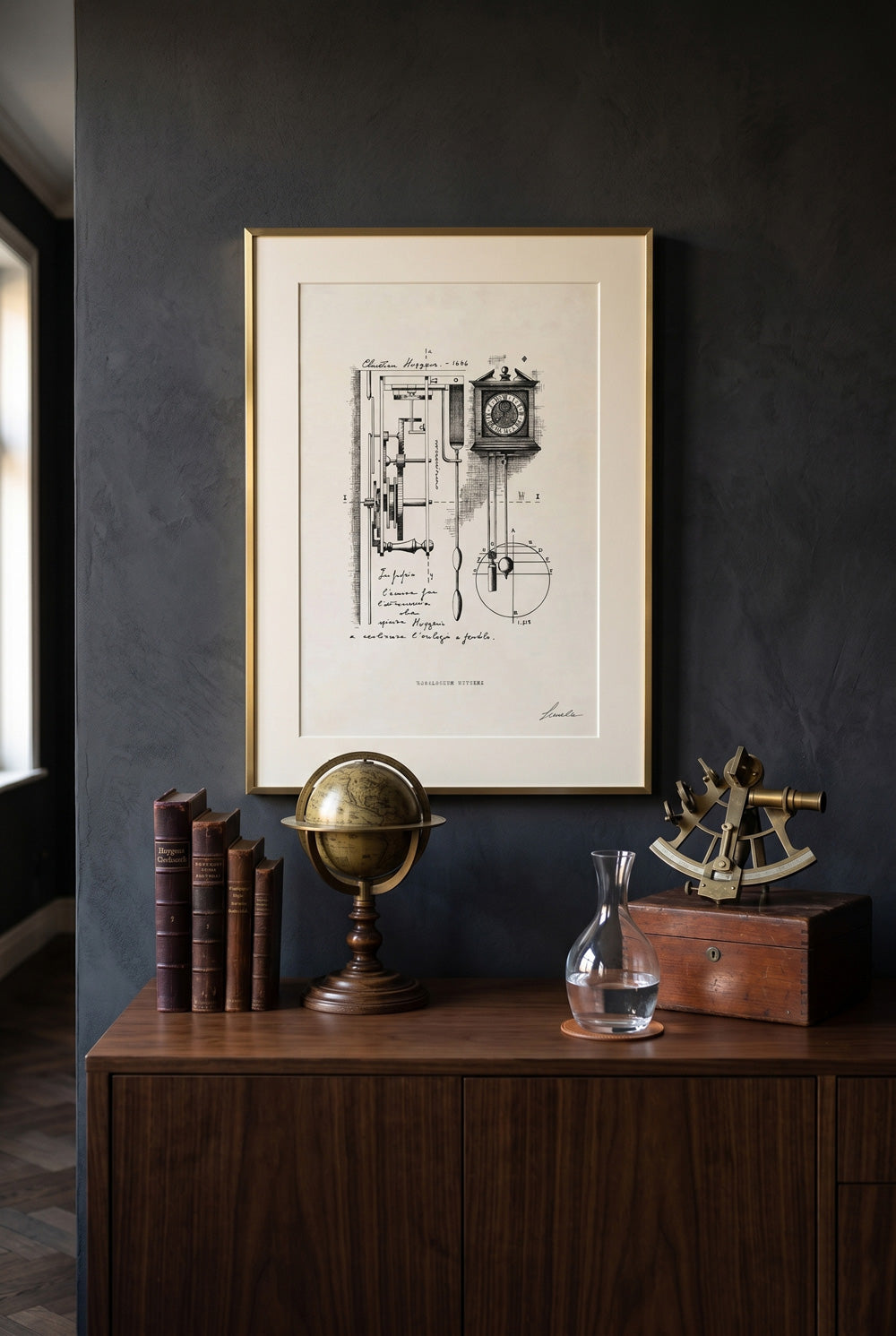 Framed Horologium Huygens print above a wooden sideboard - fine art wall art | Lorenzo Caia
