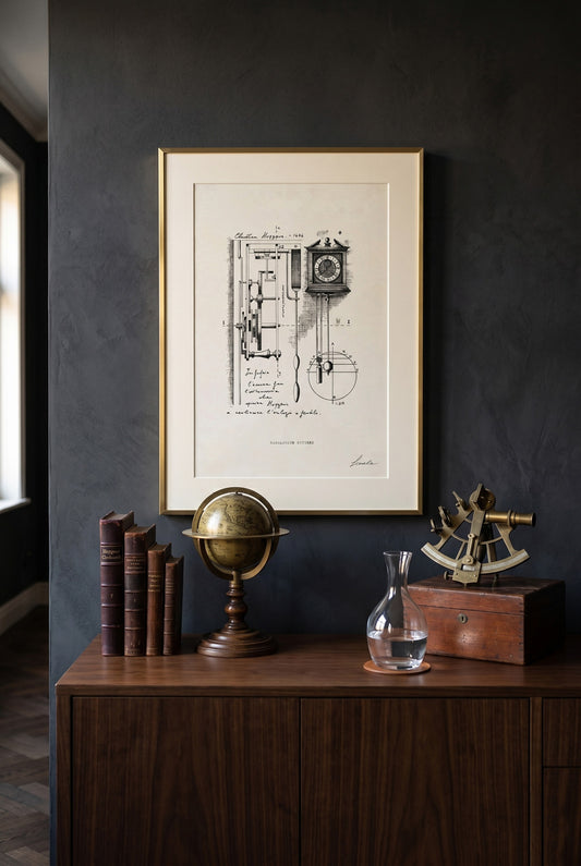 Framed Horologium Huygens print above a wooden sideboard - fine art wall art | Lorenzo Caia