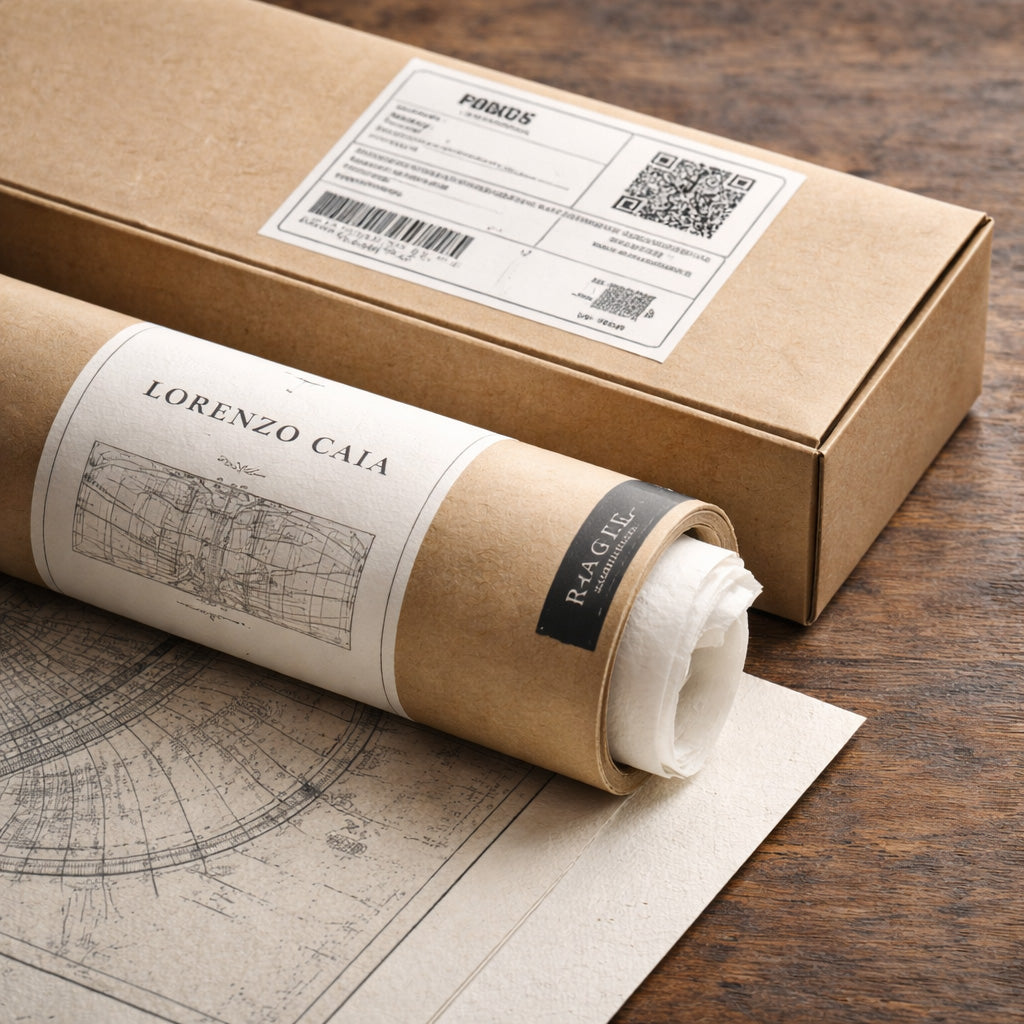 Imballo protettivo per il trasporto delle opere fine art, con tubo rigido e scatola rinforzata per garantire la sicurezza della stampa.