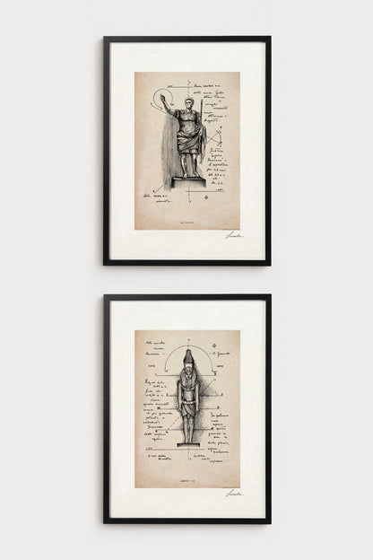 Fine art print bundle two vertical frames - historical illustrations in vintage archival ivory style | Lorenzo Caia