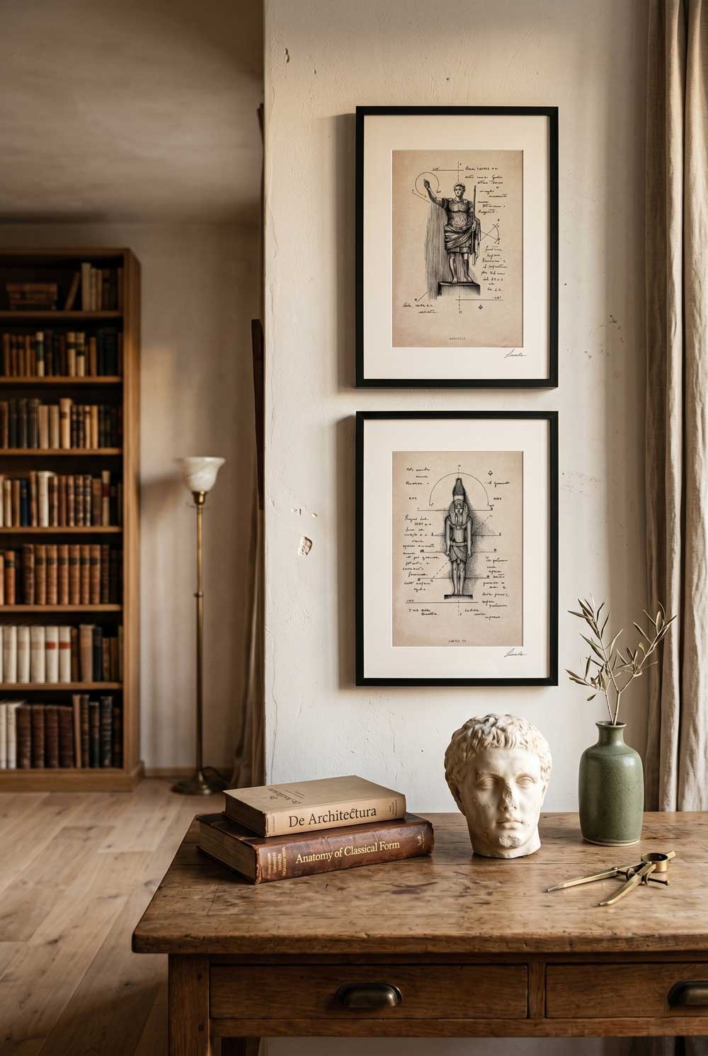 Framed print Imperium Aeternum I in a vintage study room with a bookcase and wooden desk - fine art wall art | Lorenzo Caia
