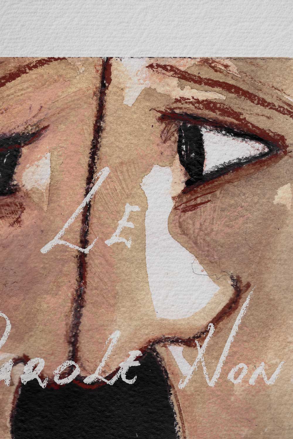 Ink detail Le parole non dette - close-up of the eyes and white lettering, illustration on paper | Lorenzo Caia