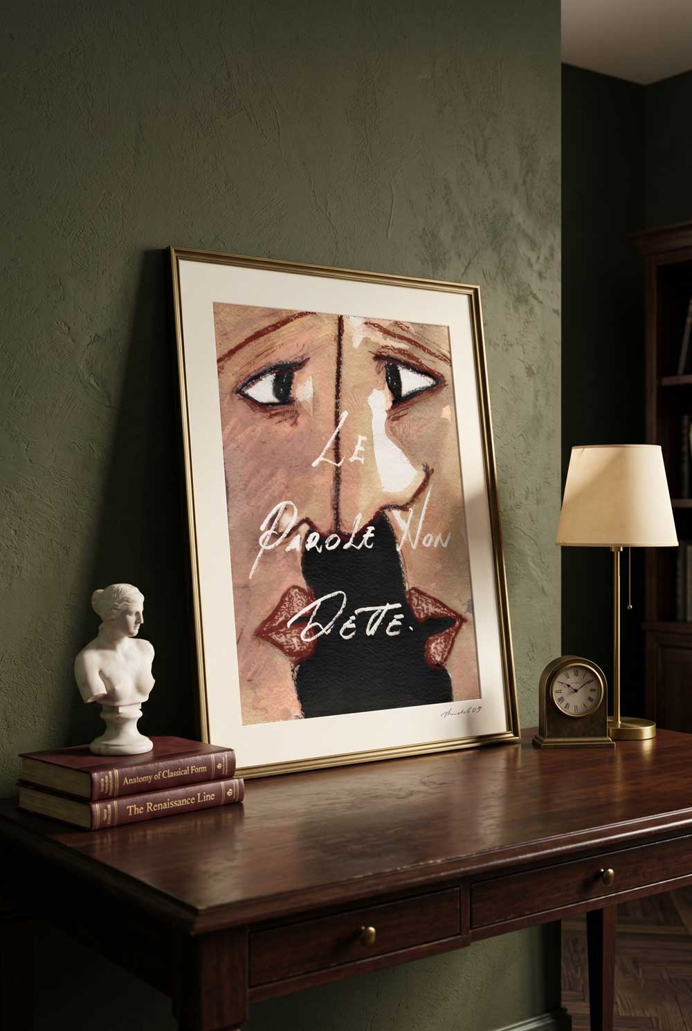 Framed print Le parole non dette resting on a classic wooden desk - fine art wall art | Lorenzo Caia