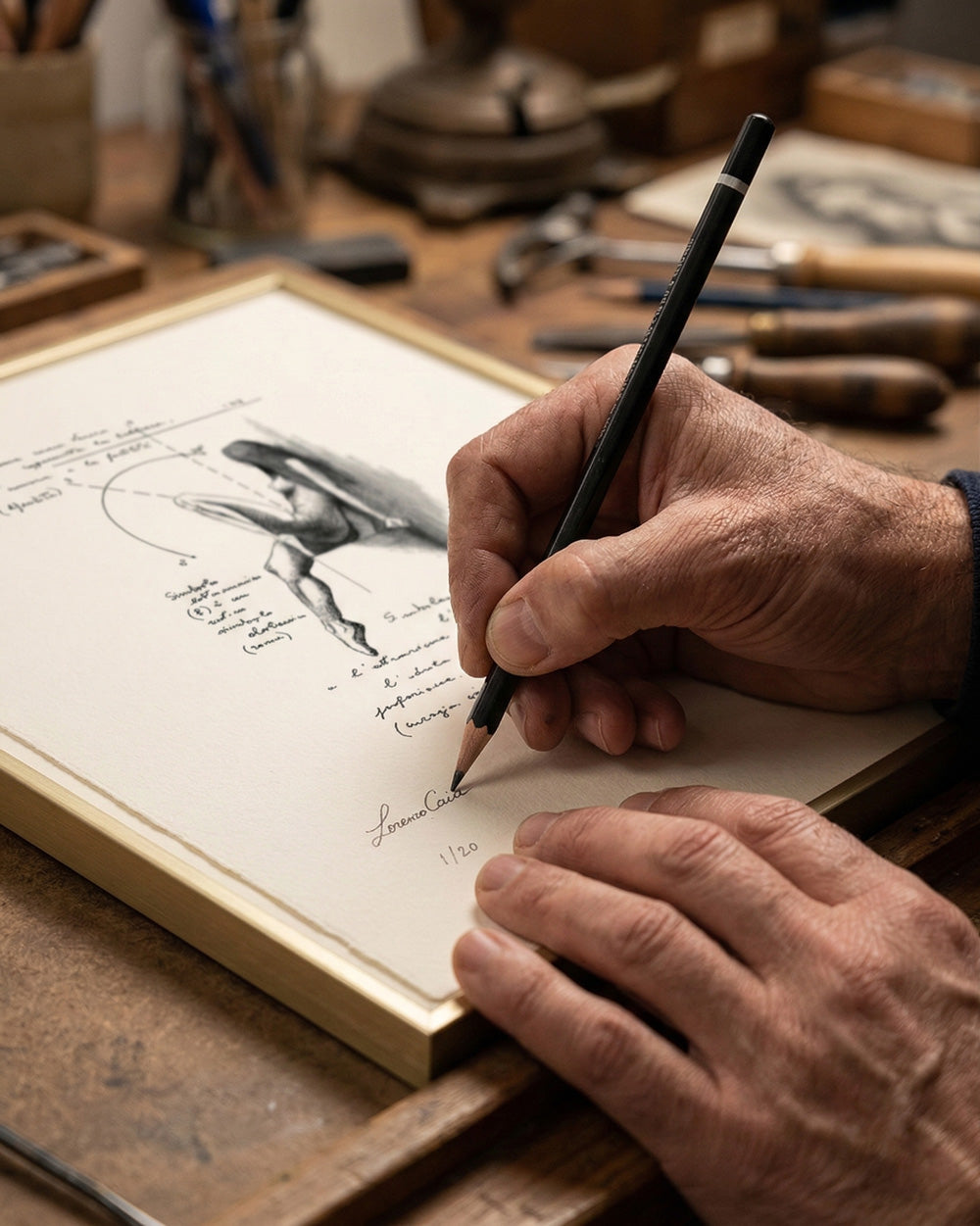 Dettaglio dell'artista Lorenzo Caia mentre firma a mano una stampa numerata dell'opera "Veneris" nel suo studio.