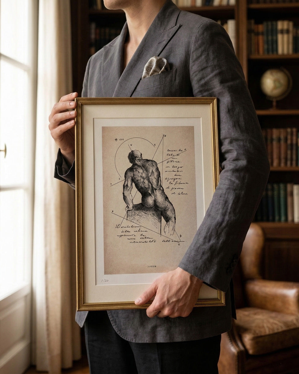 Un collezionista d'arte in abito sartoriale regge l'opera incorniciata "Dorsum" di Lorenzo Caia in un ambiente di biblioteca classica.