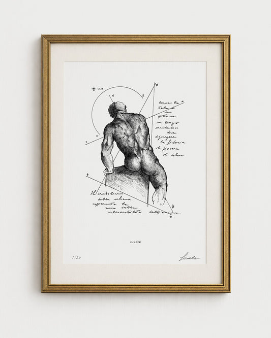 Stampa d'arte a tiratura limitata "Dorsum" di Lorenzo Caia, disegno anatomico della schiena maschile con annotazioni calligrafiche in cornice dorata.