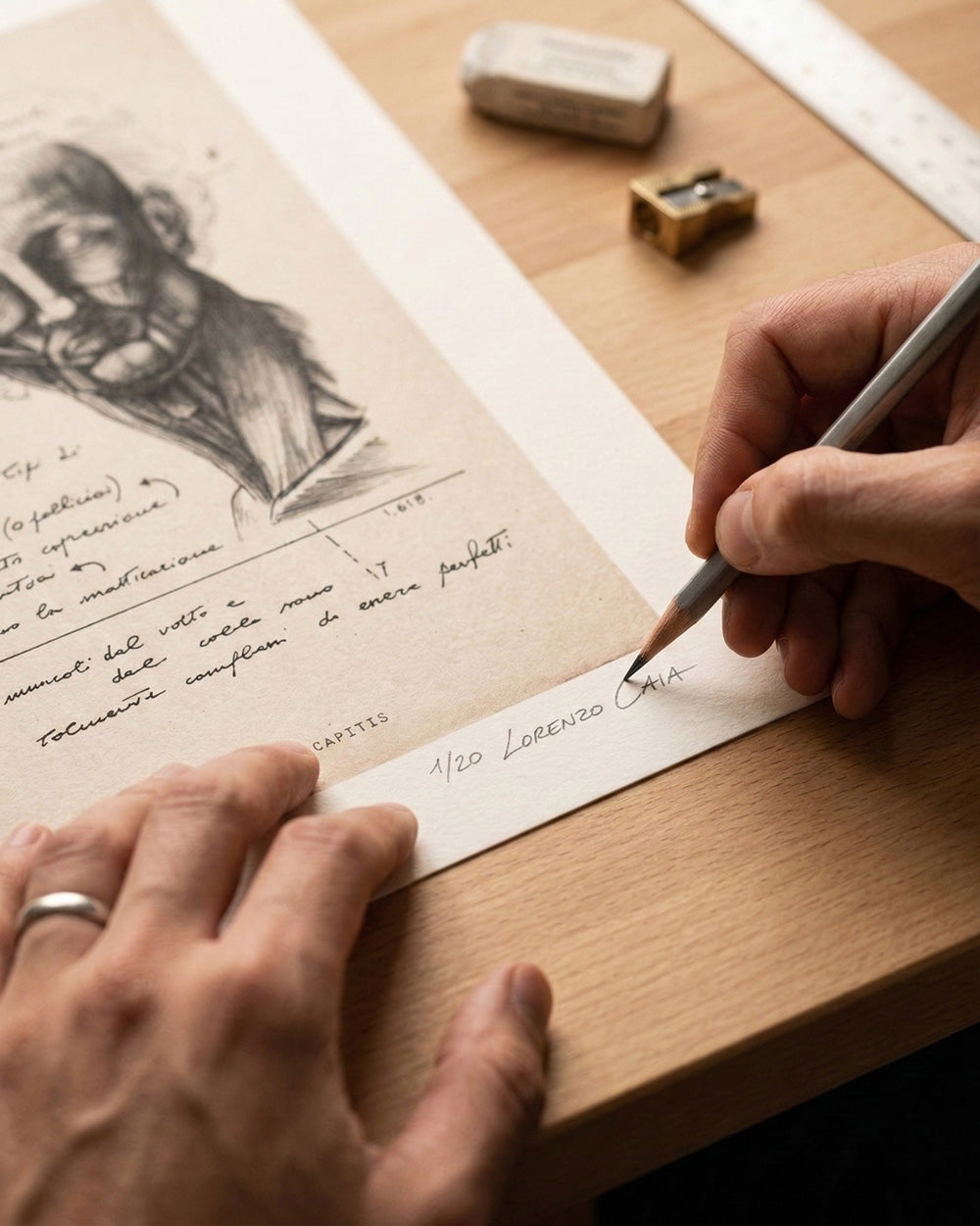 Primo piano dell'artista Lorenzo Caia che firma a matita la stampa d'arte numerata 1 di 20 su carta di pregio.