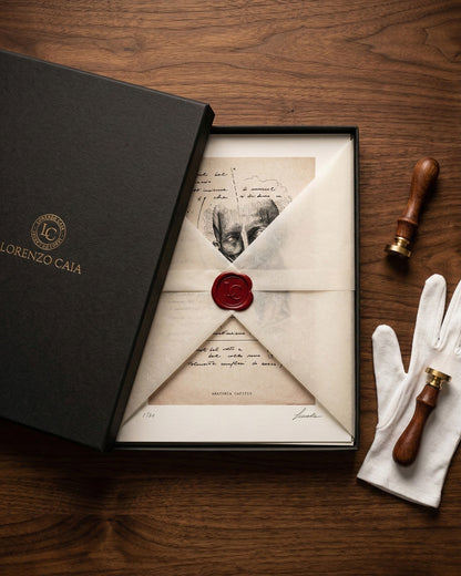 Confezione di lusso Lorenzo Caia in nero con logo in oro, contenente una stampa d'arte anatomica protetta da carta velina e sigillo in ceralacca rossa.