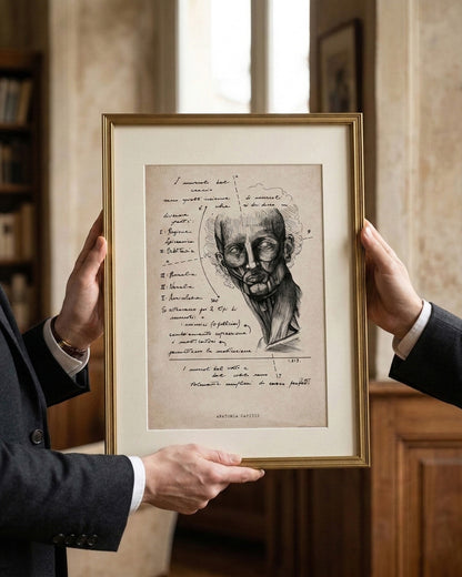 Due mani che reggono una stampa d'arte anatomica di Lorenzo Caia dal titolo "Anatomia Capitis" incorniciata in una sottile cornice dorata.