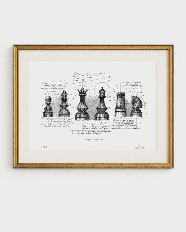 Opera Studium Scaccorum di Lorenzo Caia, disegno a inchiostro di pedine e figure degli scacchi con linee di costruzione geometriche e sezione aurea su fondo bianco.