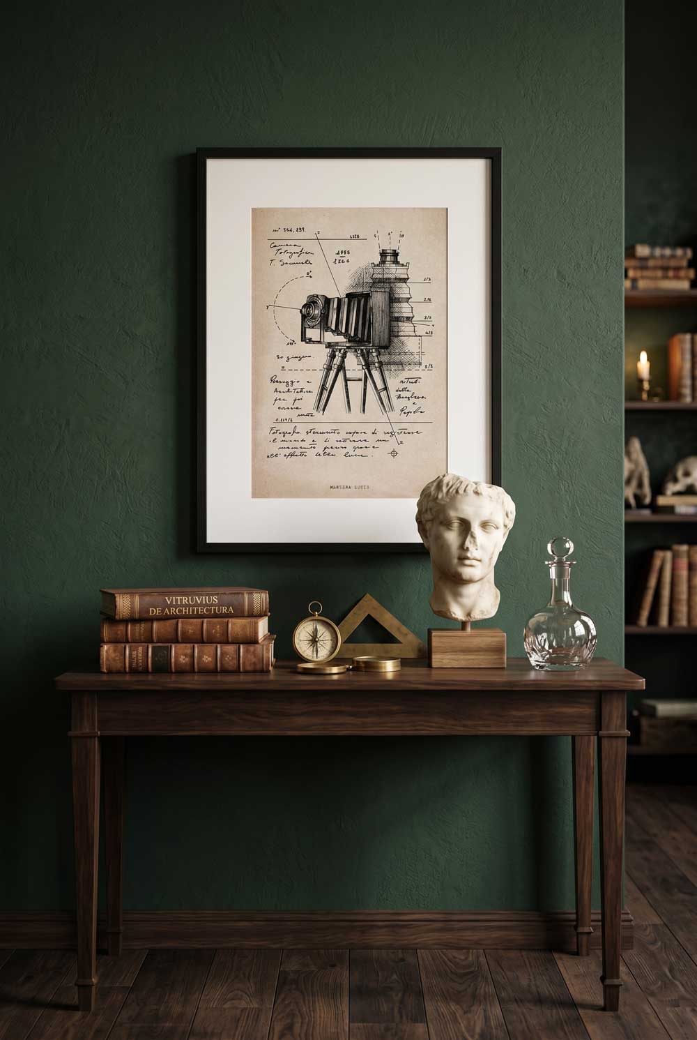 Framed Machina Lucis print in a study among books and vintage objects - fine art wall art | Lorenzo Caia