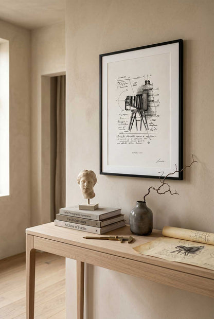 Framed Machina Lucis print on a desk with lamp and typewriter - fine art wall art | Lorenzo Caia