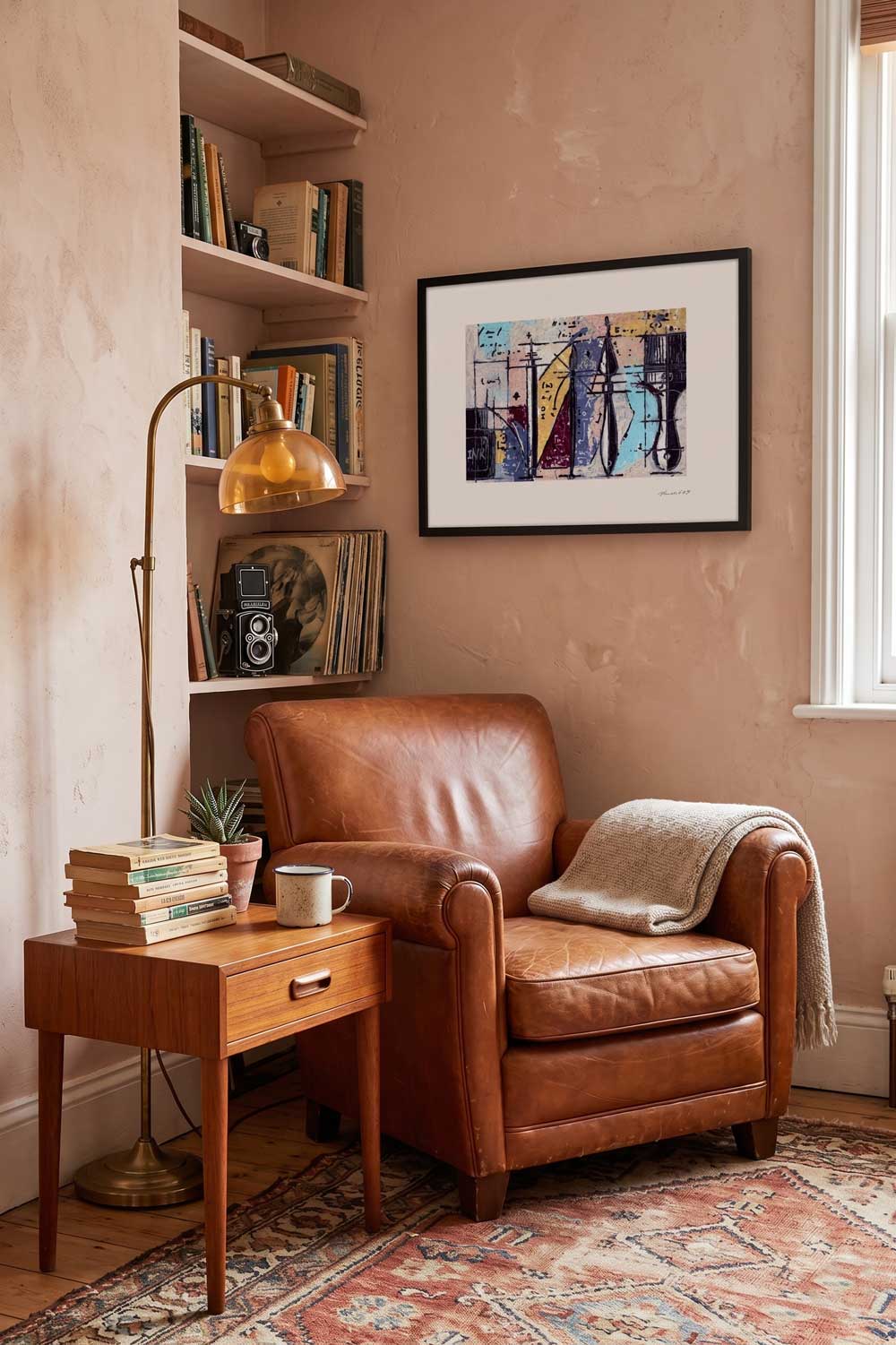 Framed print Questione di attrezzi in a reading corner with a leather armchair - fine art wall art | Lorenzo Caia