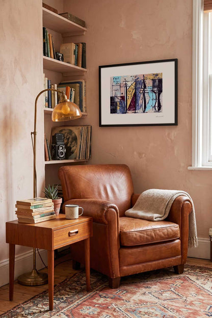 Framed print Questione di attrezzi in a reading corner with a leather armchair - fine art wall art | Lorenzo Caia