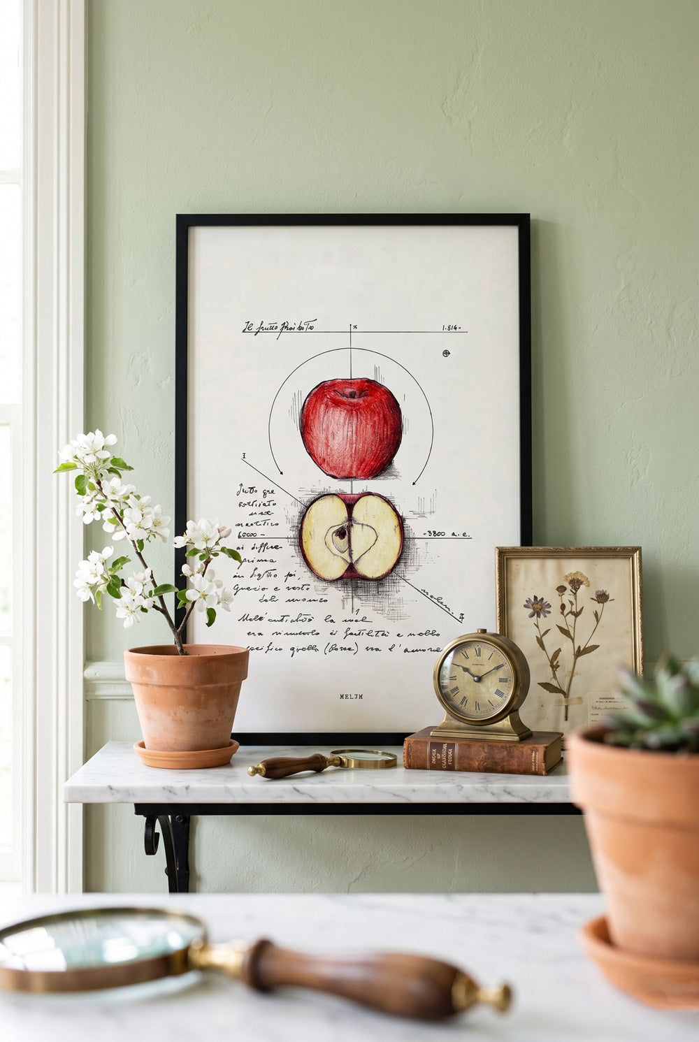 Framed Melum print in a bright living room with plants - fine art wall art | Lorenzo Caia