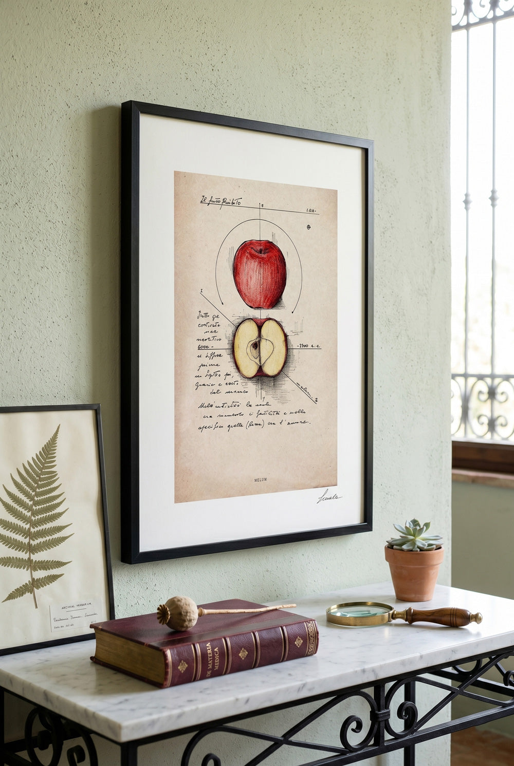 Framed Melum print on a minimal white shelf - fine art wall art | Lorenzo Caia