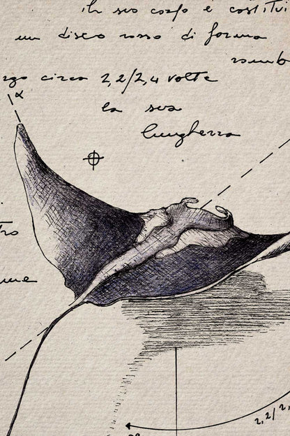 Close-up of Mobula Birostris ink work - artisanal illustration process on fine art paper | Lorenzo Caia