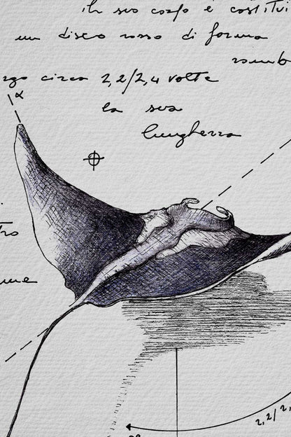 Ink detail Mobula Birostris - line work quality and illustration technique on paper | Lorenzo Caia